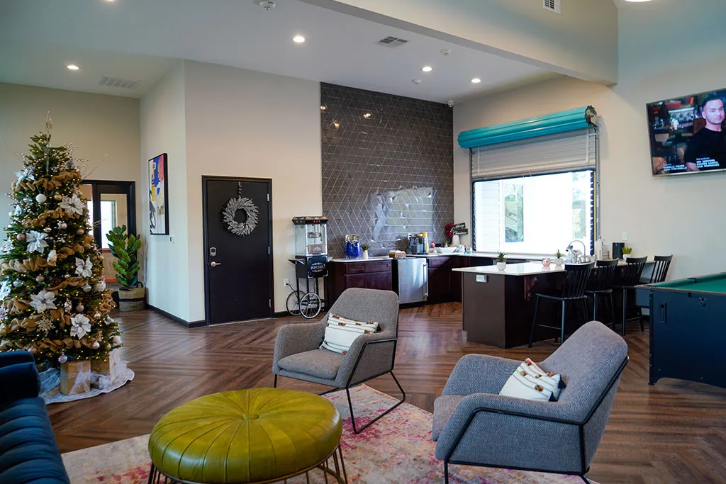 Clubhouse lounge with a pool table and kitchenette