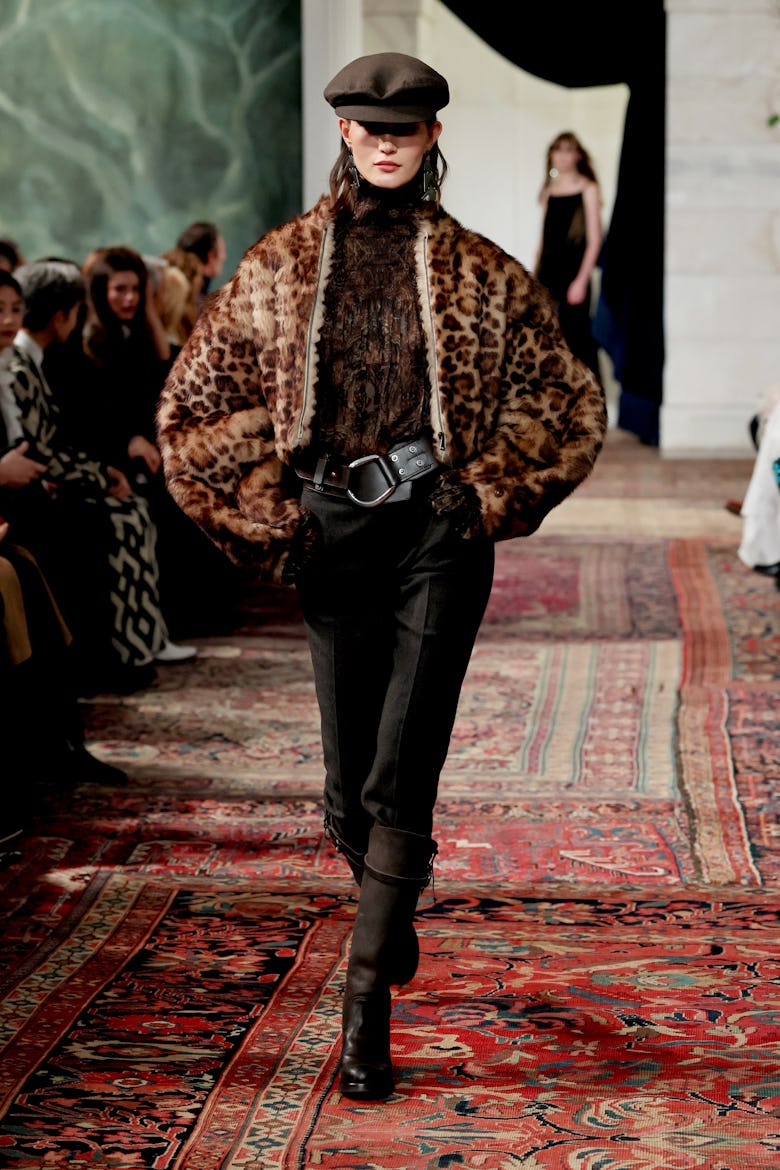 NEW YORK, NEW YORK - FEBRUARY 10: A model walks the runway for the Ralph Lauren fashion show during ...