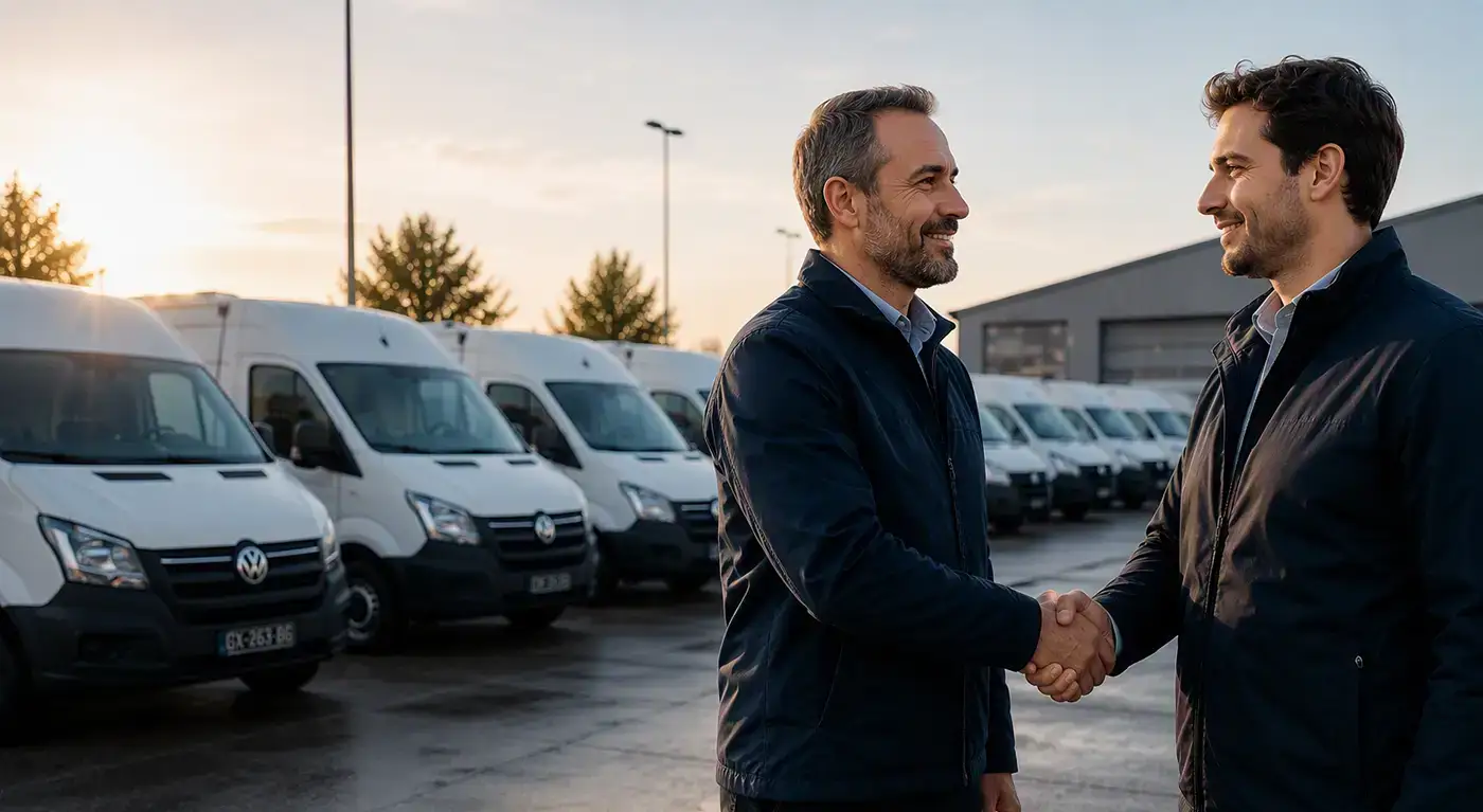 Deux hommes se serrant la main devant un parc automobile composé de véhicules utilitaires