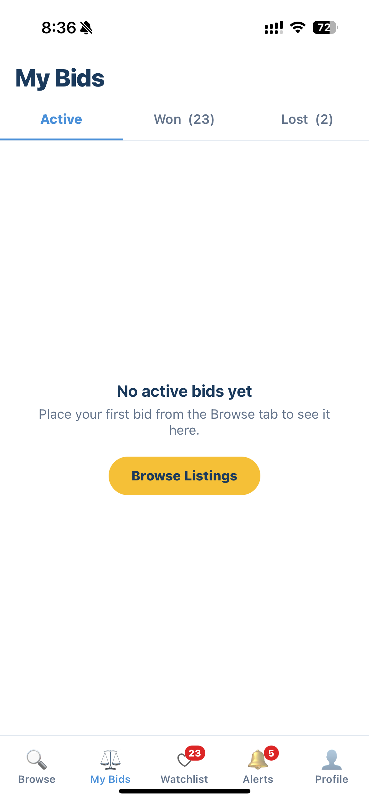 Municibid app Watchlist screen
