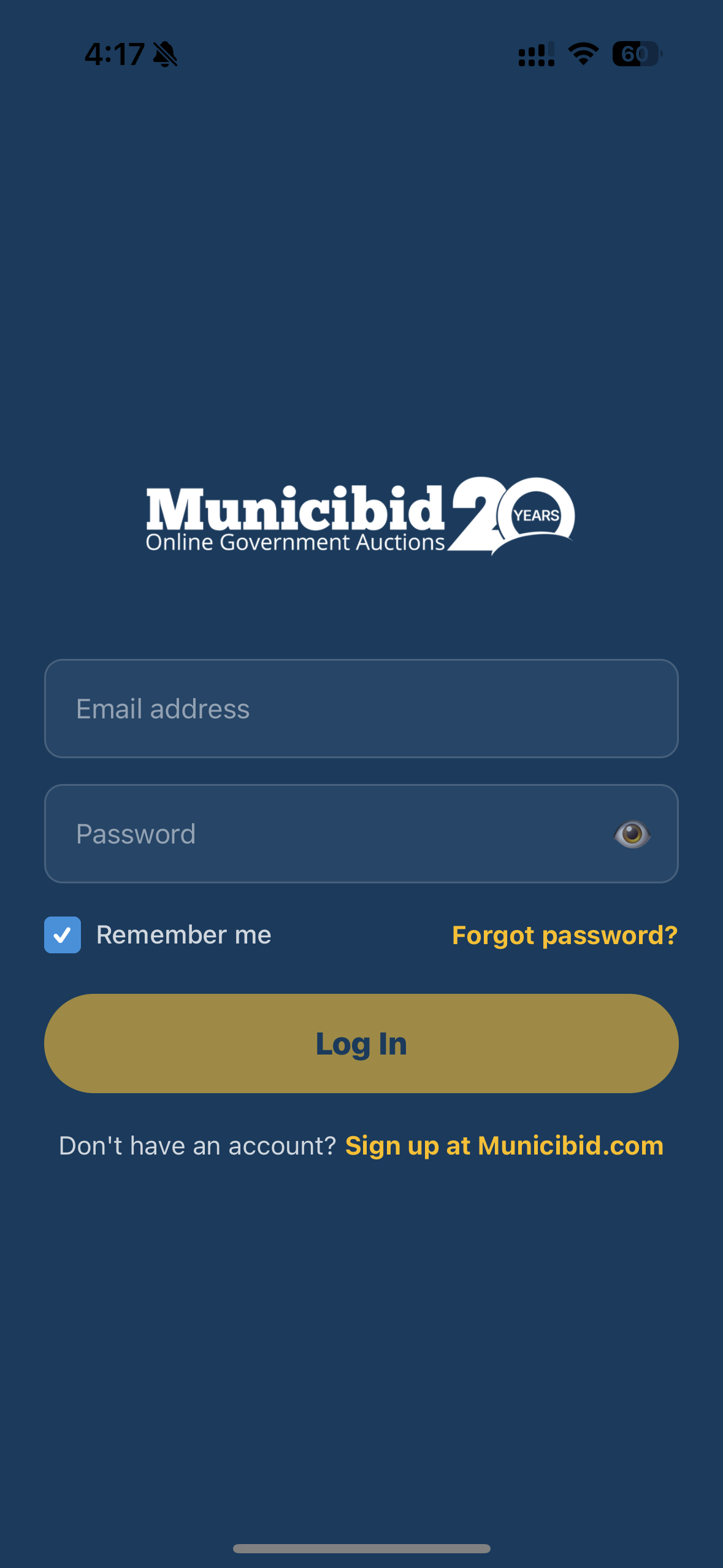 Municibid app Log In screen