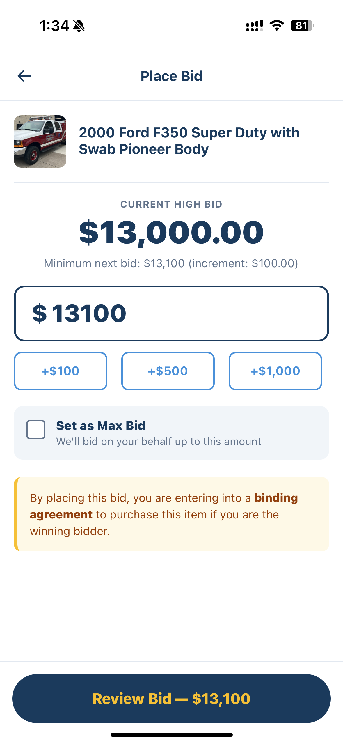 Municibid app Place Bid screen
