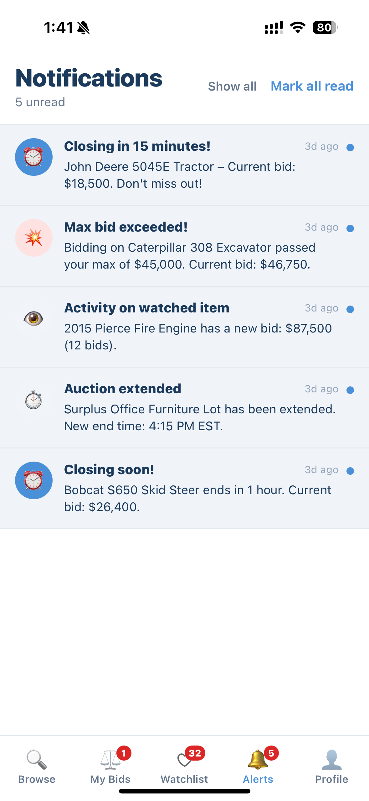 Municibid app Alerts and Notifications screen