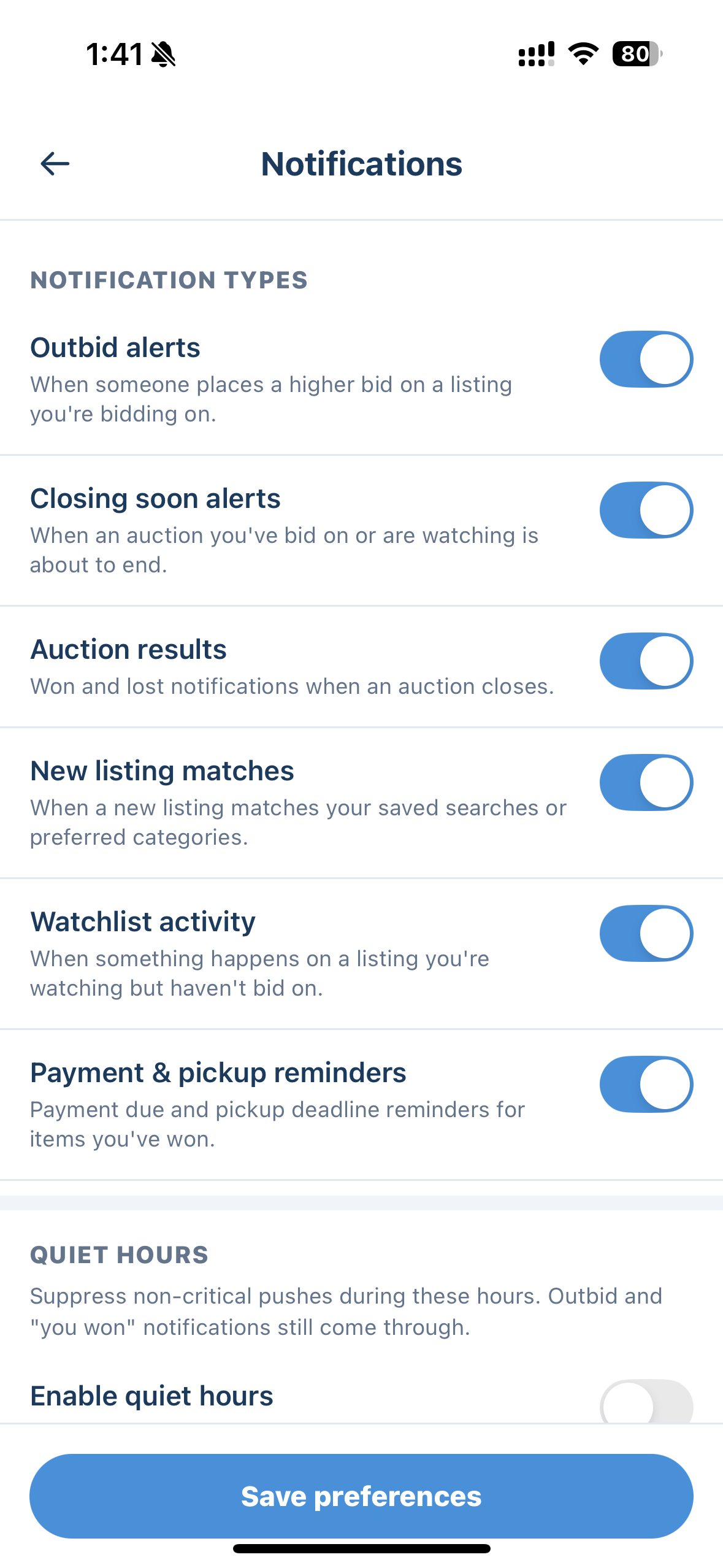 Municibid app Account and notification preferences screen