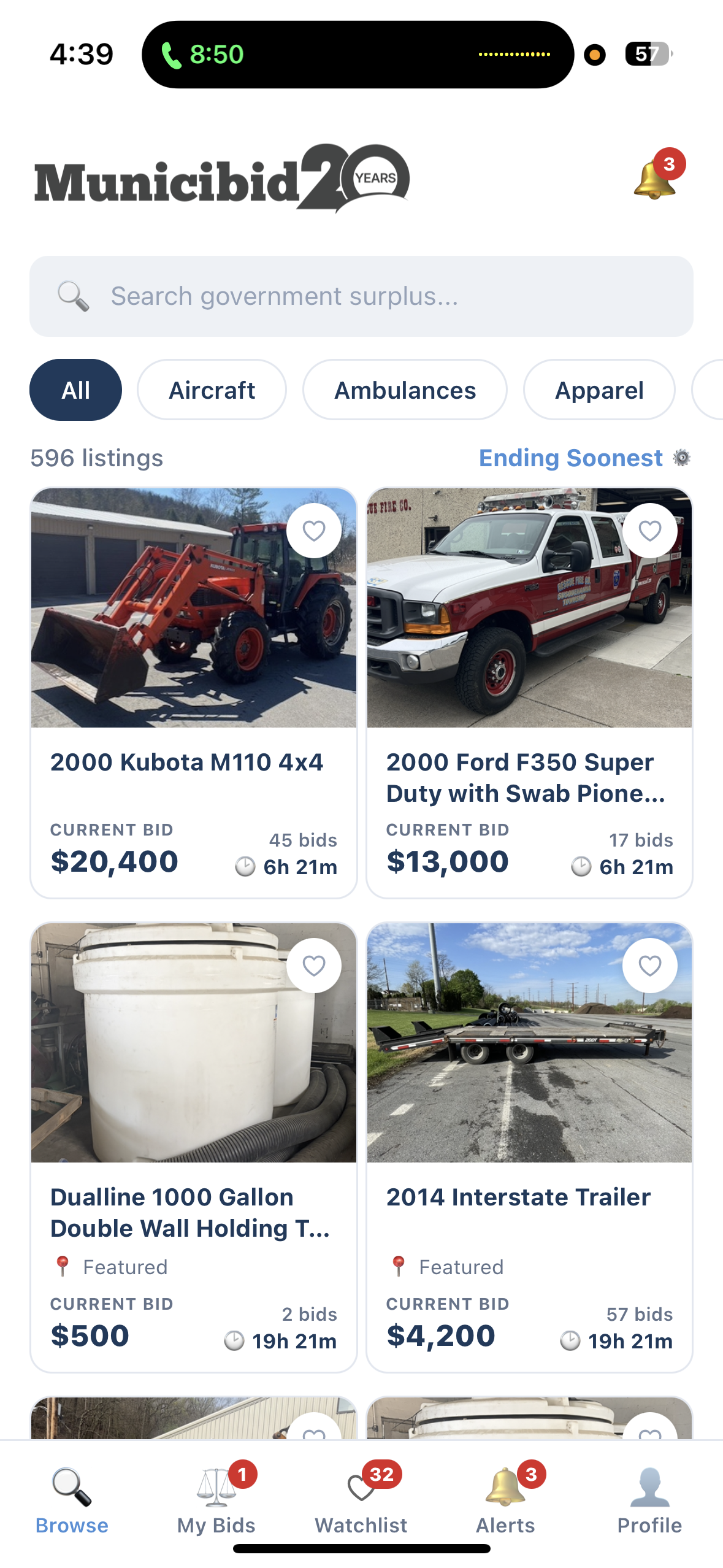 Municibid app Browse screen showing government surplus listings