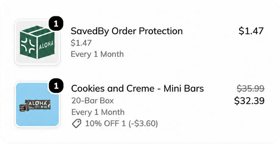 Cart showing SavedBy order protection and a product upsell.