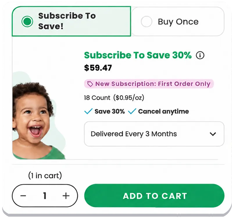 Subscribe-and-save widget on a product page offering 30% off.