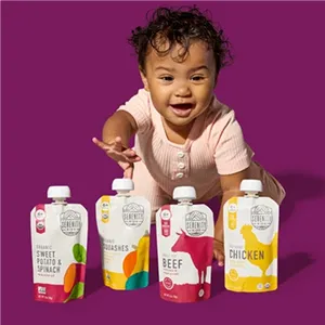 Serenity Kids baby food pouches with a toddler.