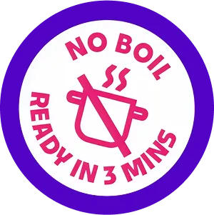 Badge with text 'No boil, ready in 3 mins' surrounding a crossed-out boiling pot icon, indicating quick cooking.