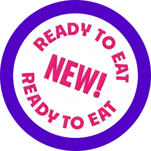 Circular badge with purple border and white center containing red text 'READY TO EAT' curved along top and bottom edges, with 'NEW!' in bold at center.