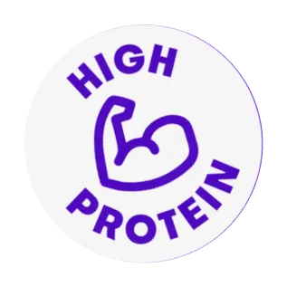 Circular badge with a purple flexed bicep icon and the words 'HIGH PROTEIN' around it in purple.