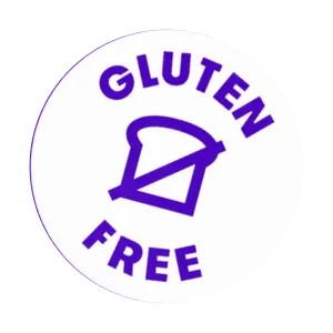 Round purple and white gluten free icon with a crossed-out bread slice.