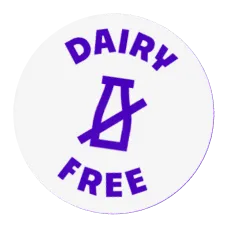 Purple dairy-free badge with a crossed-out milk bottle icon on a white circular background.