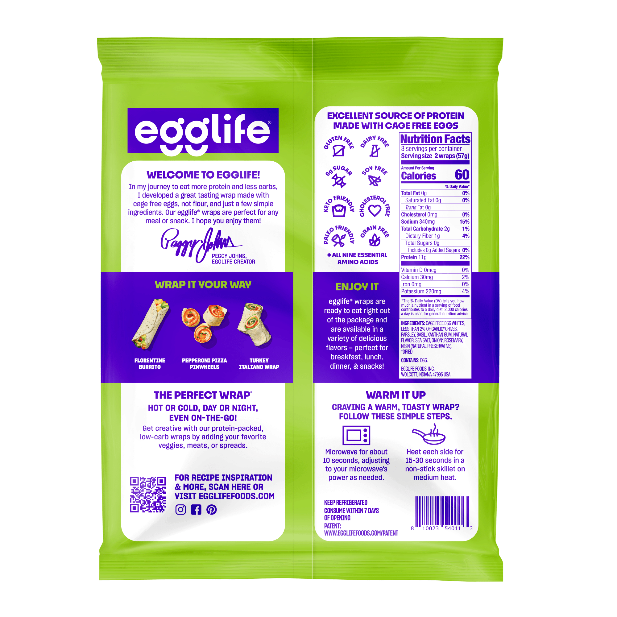Back of Egglife roasted garlic herb egg white wraps package showing nutrition facts, usage instructions, and wrap serving ideas.