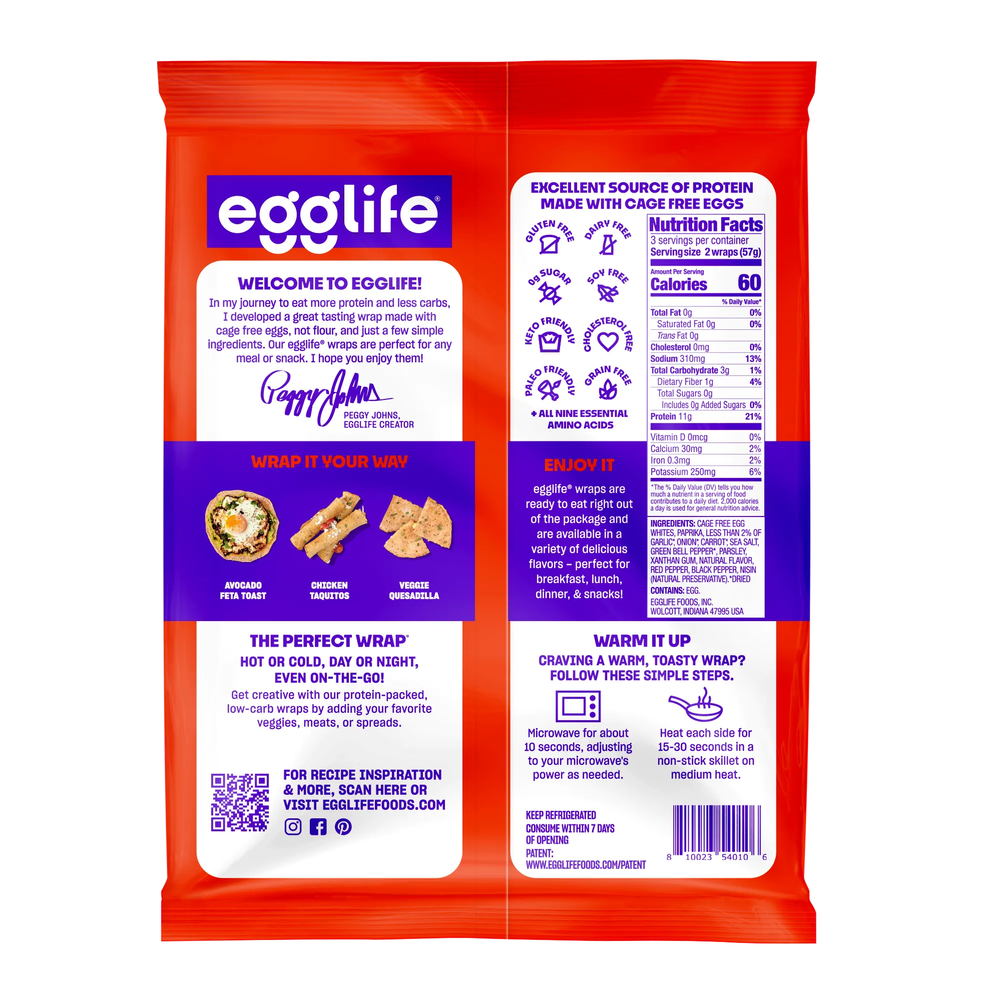 Back of an Egglife wrap package showing nutrition facts, usage instructions, and recipe suggestions with images of avocado feta toast, chicken taquitos, and veggie quesadilla.