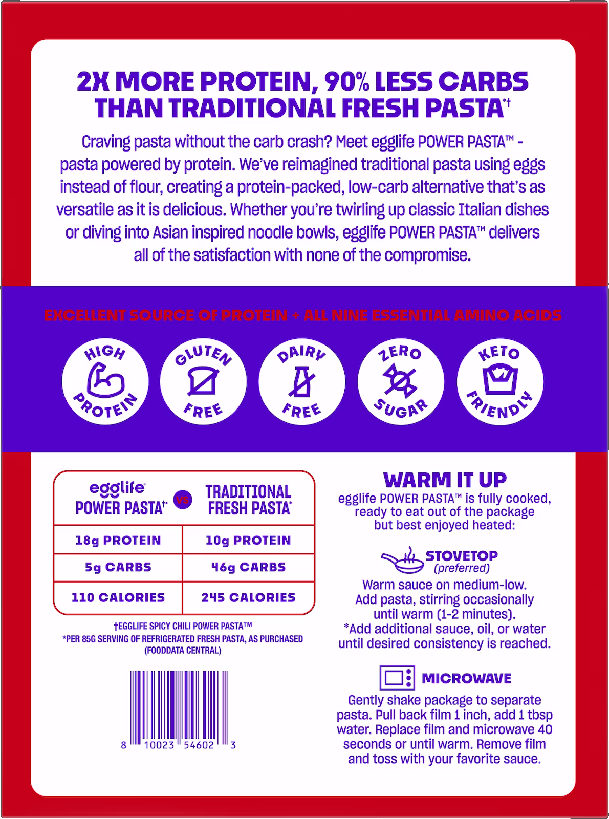 Egglife Power Pasta Spicy Chili package back label highlighting nutritional advantages over traditional pasta and optional instructions for warming on stovetop or microwave.