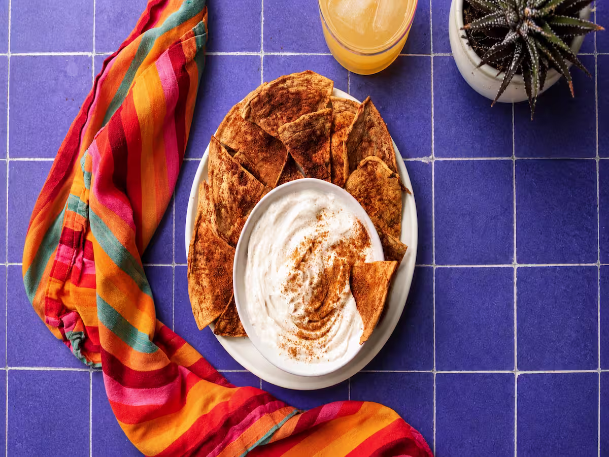 High protein, low carb, gluten free churro chips with greek yogurt dip.