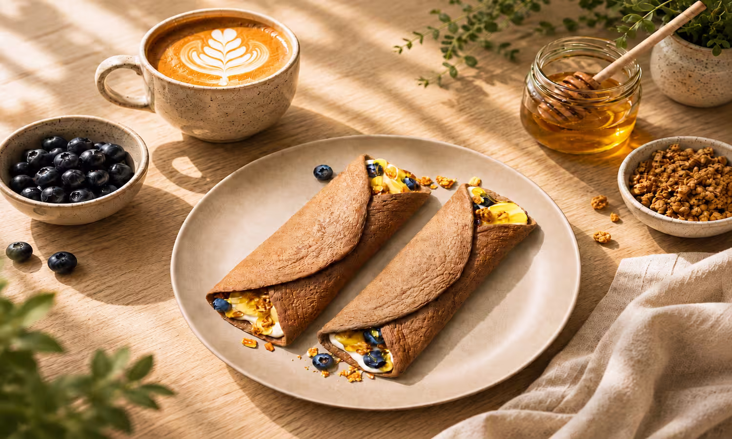 Chocolate egglife wraps filled with yogurt, blueberries, honey, and granola on a plate, served with coffee and extra toppings.