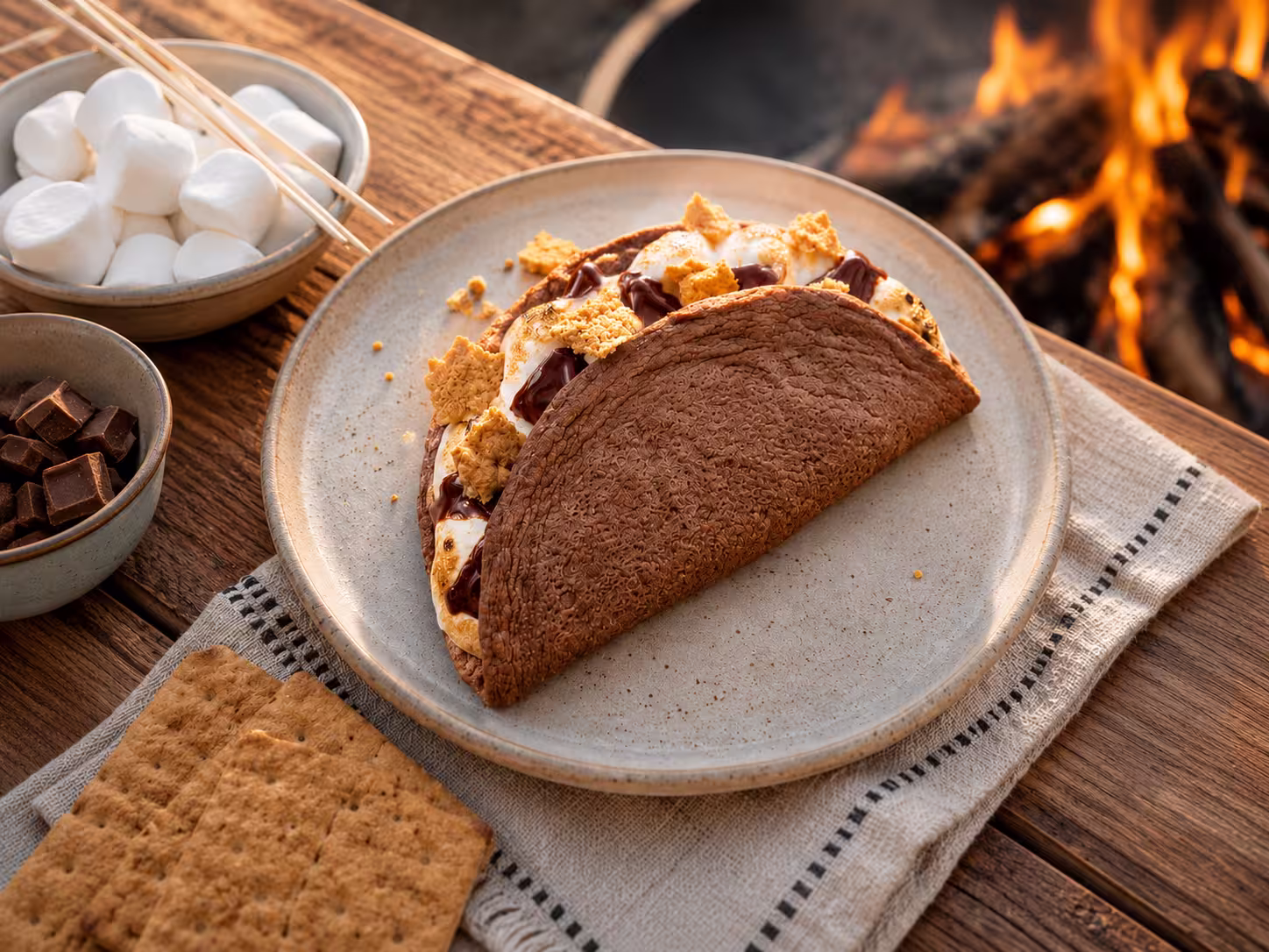 Chocolate egglife wrap folded into a s’mores with melted chocolate, toasted marshmallow, and graham cracker pieces, served by a campfire.
