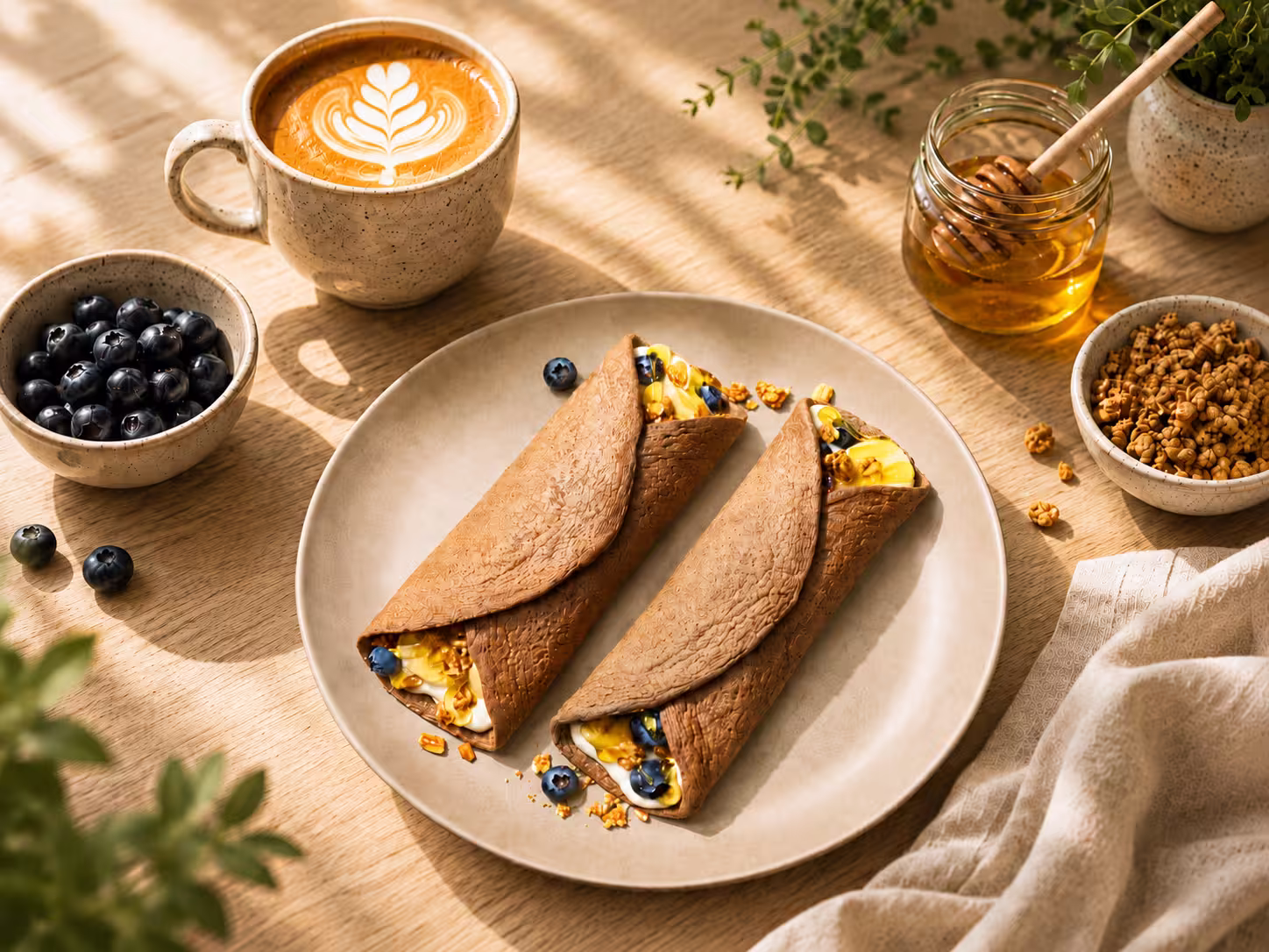 Chocolate egglife wraps filled with yogurt, blueberries, honey, and granola on a plate, served with coffee and extra toppings.