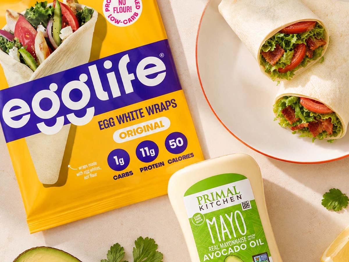 BLT wrap made with an Original egglife wrap, crispy bacon, shredded romaine, Roma tomatoes and Primal Kitchen avocado oil mayo