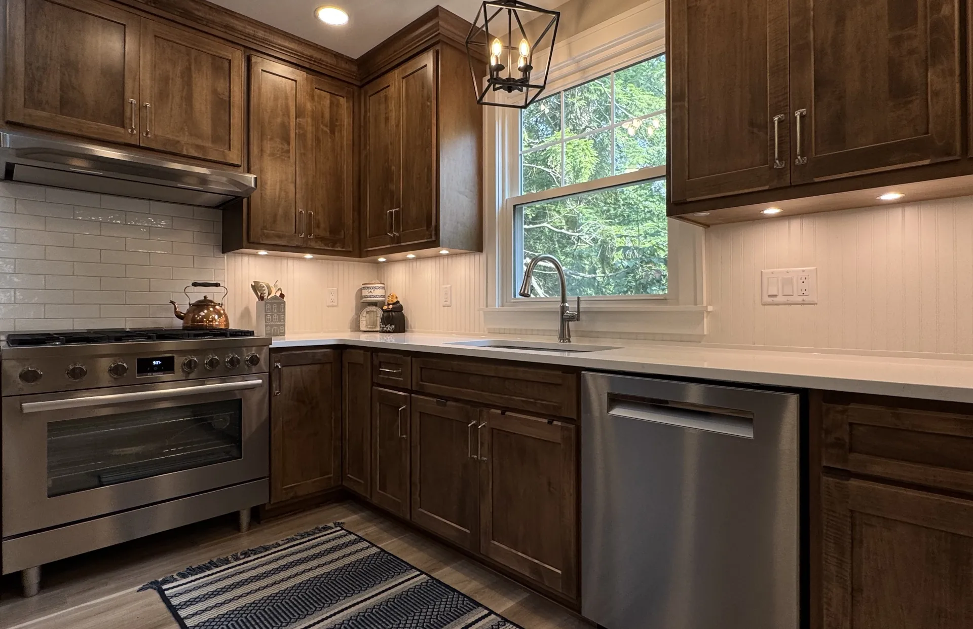 kitchen remodel with brown wooden cabinets