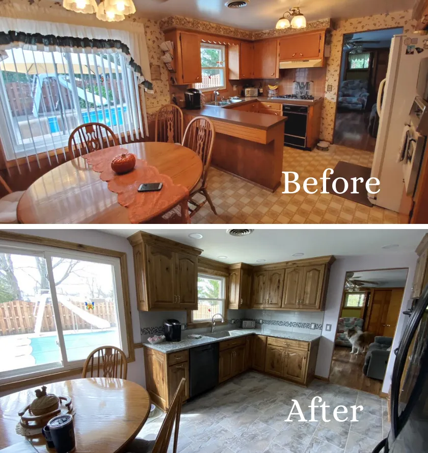 Before and after of the Myers kitchen remodel featuring custom wood cabinetry, new flooring, countertops, and an updated layout.