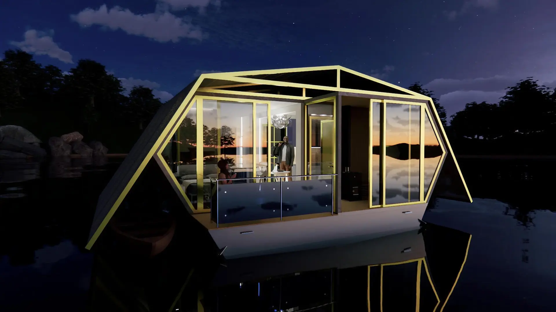 The Naïaa ecosuite on a lake during night