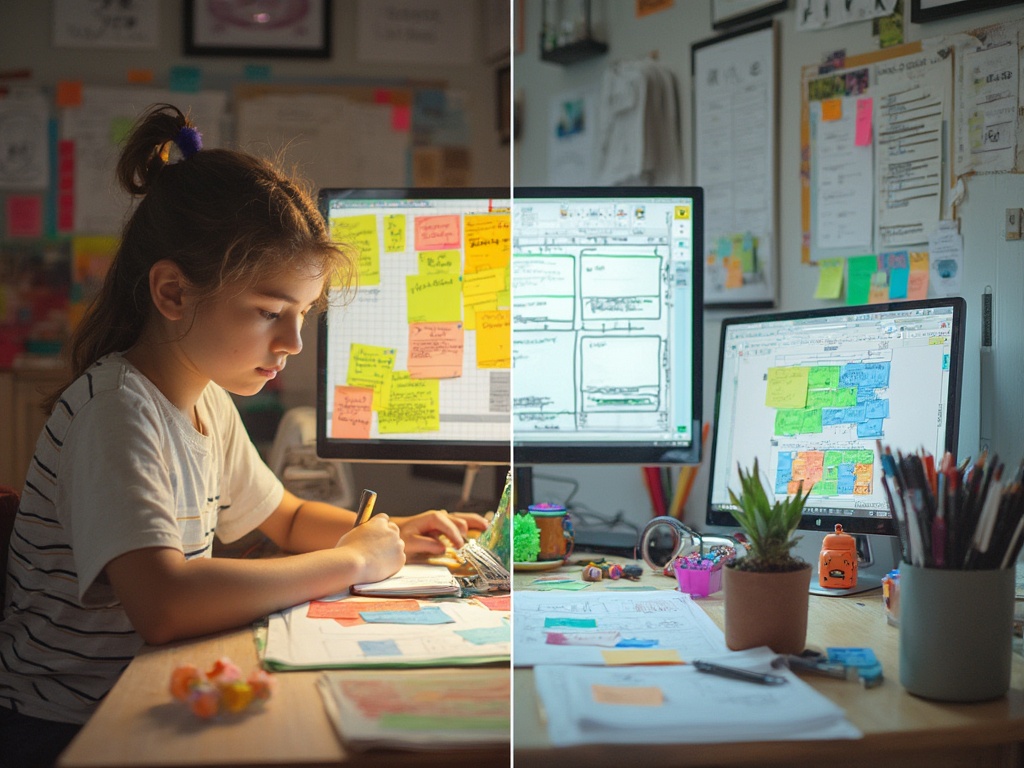 Morning-lit split-screen image of teen's vibrant study area with sticky notes, tablet and fidget toys, alongside adult's minimalist office with dual monitors, bullet journal and calendar, showing ADHD management techniques.