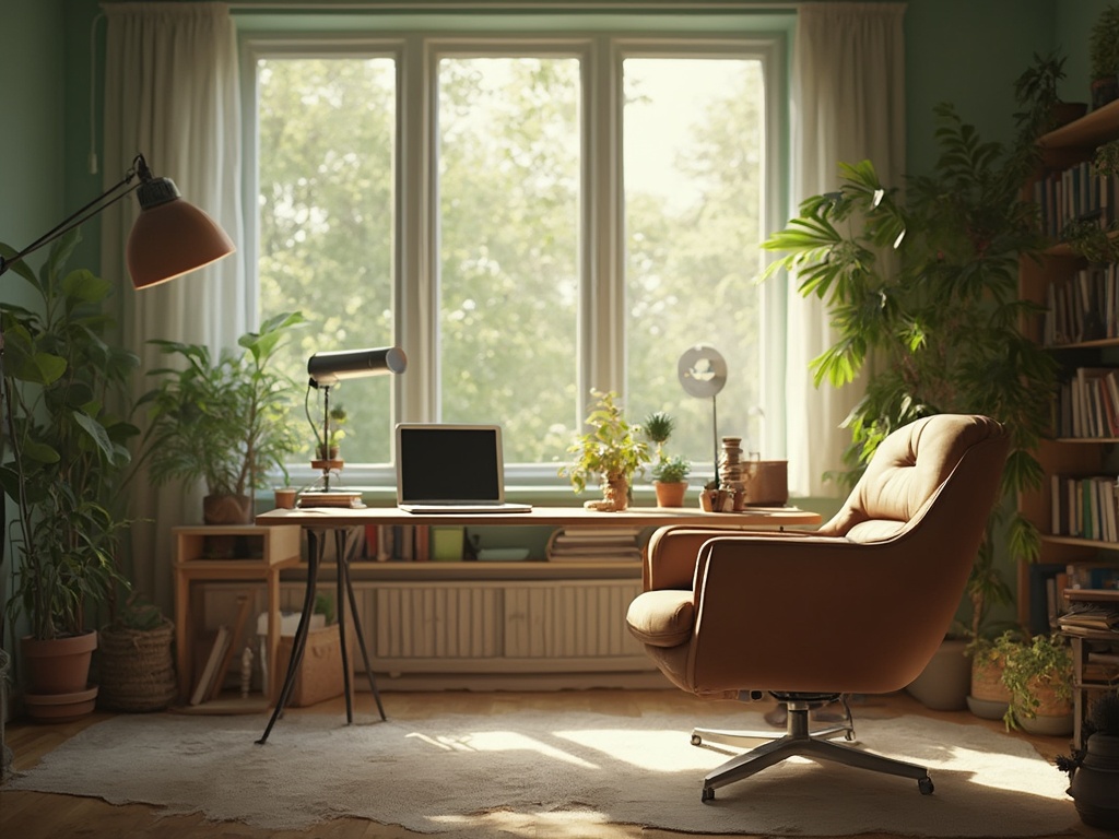 Therapist's welcoming home office with sage green walls, sunlight pouring through large windows, a modern leather armchair, wooden desk with laptop and headphones, professional video call lighting equipment, and organized bookshelves with plants.