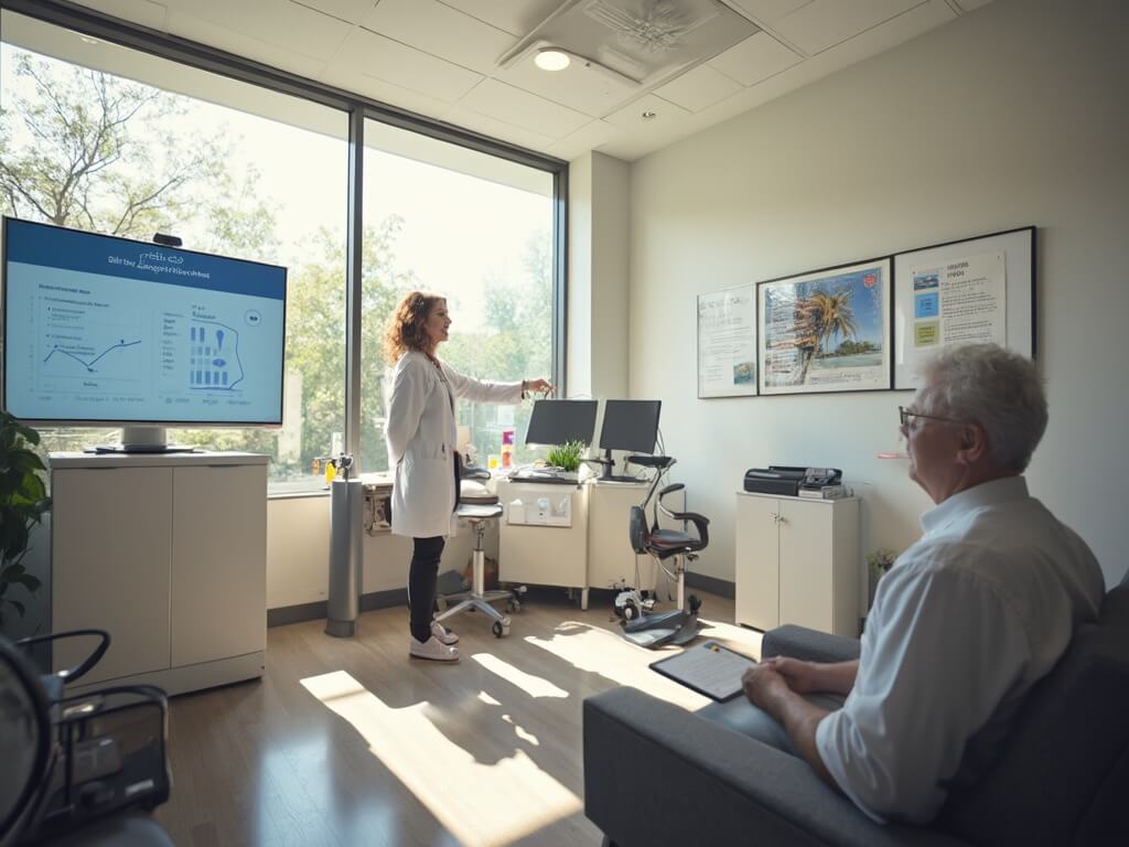 "Doctor consulting a patient about weight loss progress in a modern medical office in Pasadena, CA, with a GLP-1 medication display, under natural sunlight."