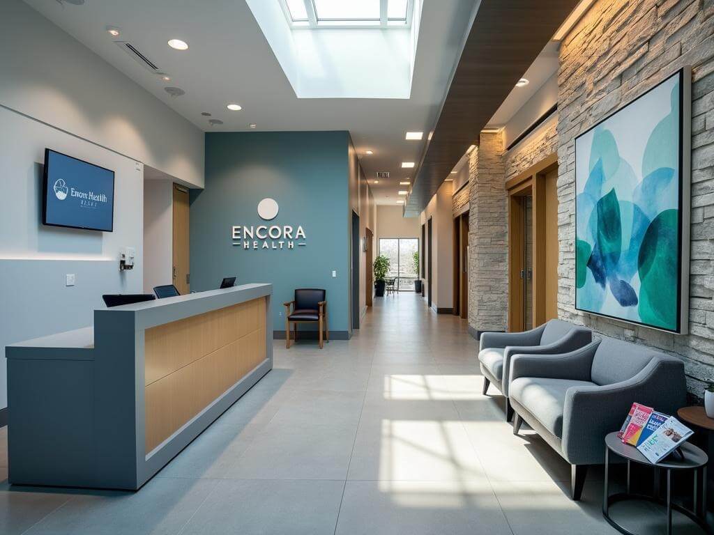 "Immaculate Encora Health office reception featuring a sleek desk, modern furniture, educational materials, calm color scheme, and Austin-inspired architectural details."