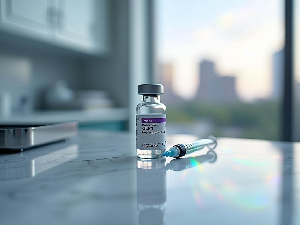 "Medical-grade glass vial of GLP-1 medication and an insulin pen on a white marble countertop, with Austin's skyline subtly seen in the background."