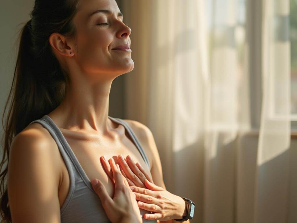 "Woman practicing deep diaphragmatic breathing in natural sunlight, hands on belly, with heart rate monitor on wrist, shot with Canon EOS R5 camera"