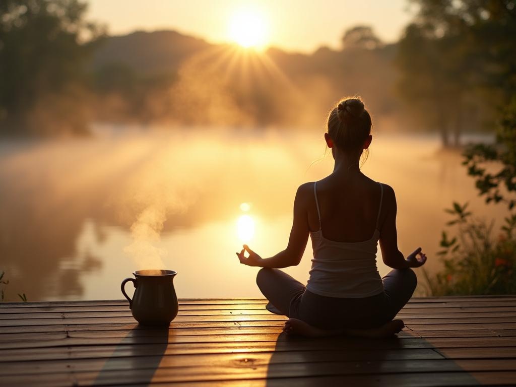 Person meditating on a deck at sunrise with a foggy lake in the background, warm light creating a silhouette, and steam rising from a nearby mug