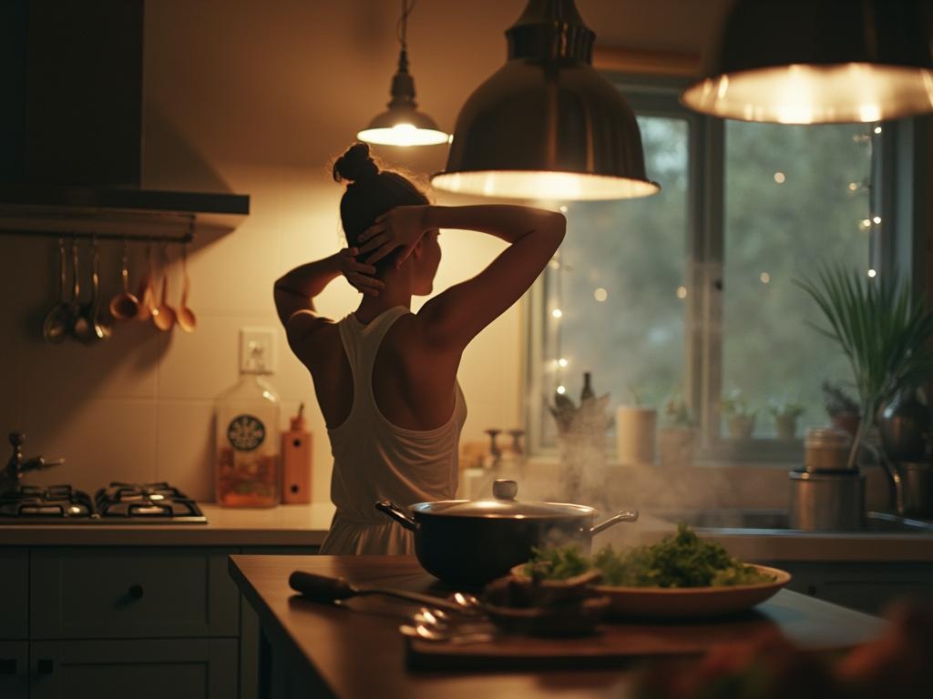 Person doing neck stretches in a dimly lit kitchen while cooking dinner, illuminated by pendant lamps with steam rising from vegetables adding depth to the scene