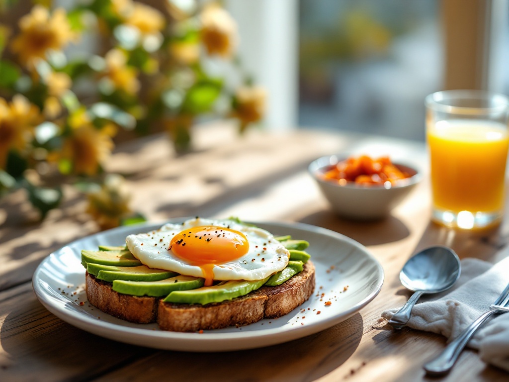 Healthy breakfast of poached egg on sourdough toast with avocado, kimchi and kefir, naturally illuminated on rustic wooden table, focus on egg yolk.