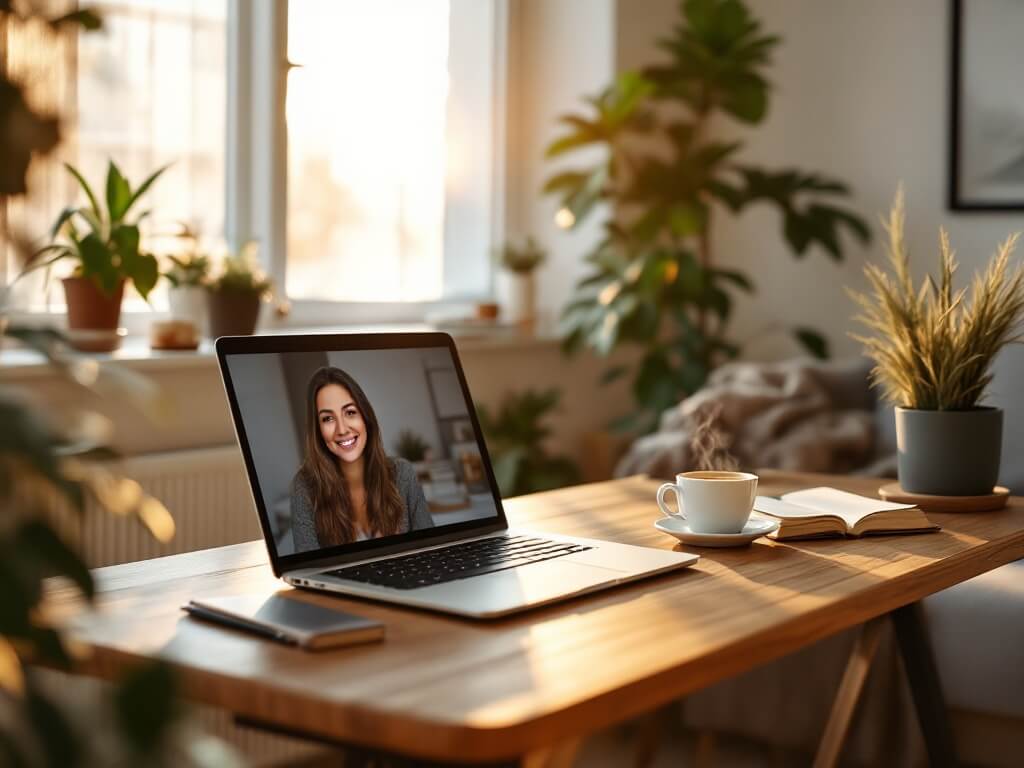 Cozy modern studio in South Austin, featuring a laptop with a blurred video call of a therapist, wooden desk, plants, grey couch, scattered personal items, all bathed in warm golden hour sunlight.