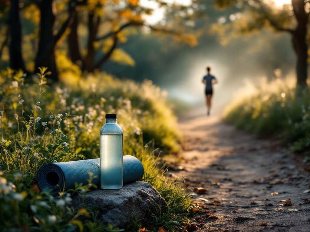 Early morning scene on Barton Creek Greenbelt trail in Austin with mist, autumn trees, wildflowers, and a reusable water bottle, yoga mat on a rock. Lone jogger in the distance symbolizes healthy lifestyle.