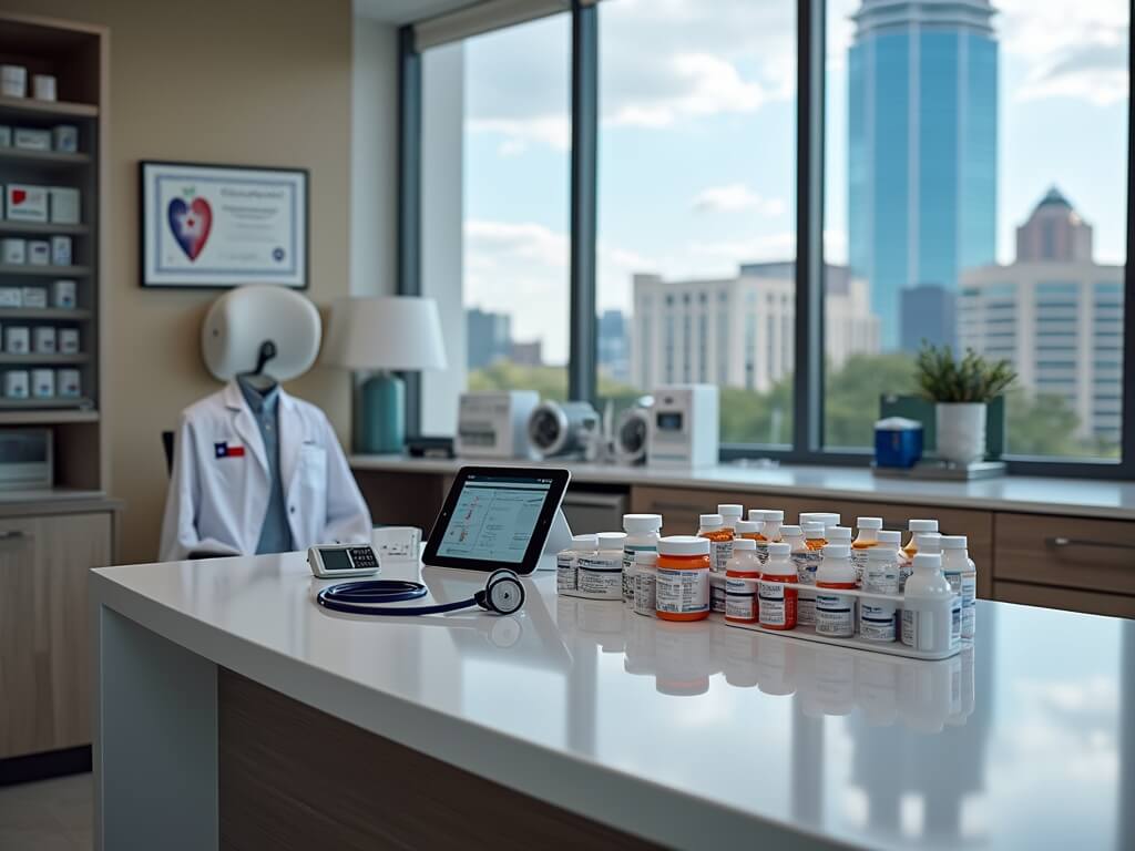"Pharmacy workspace with organized medication tools on a white counter, a visible Austin skyline in the background, and Texas-themed decor."
