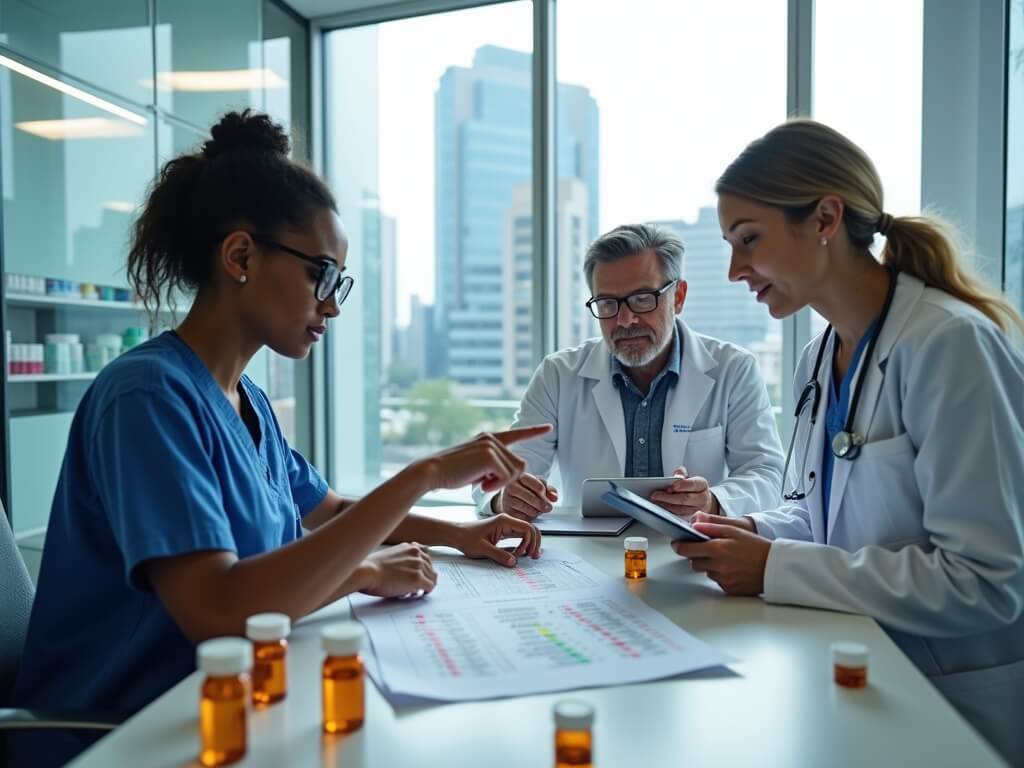 Clinical professionals collaborating on medication management inside a modern pharmacy hub in Dallas with various medical items on a desk, large windows revealing Dallas skyline subtly blurred in the background.