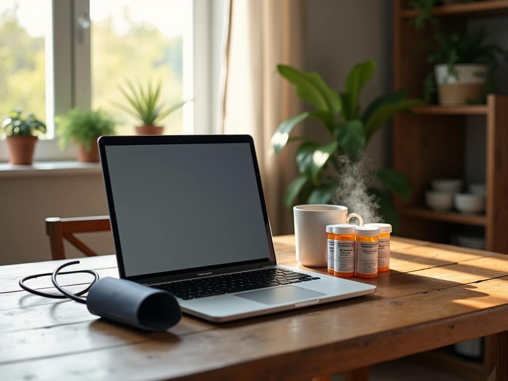 Modern telehealth setup on a rustic table inside a cozy Dallas home, featuring Apple MacBook Pro with a paused video chat, blood pressure cuff, and medications, illuminated by daylight through a curtained window.