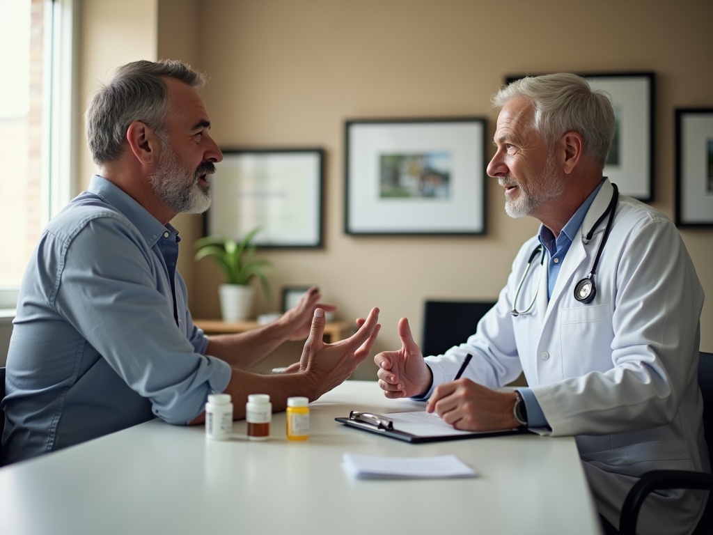 Male patient discussing medication with healthcare provider in modern office, provider taking notes, pill bottles on desk, diplomas on wall slightly blurred due to shallow depth of field.