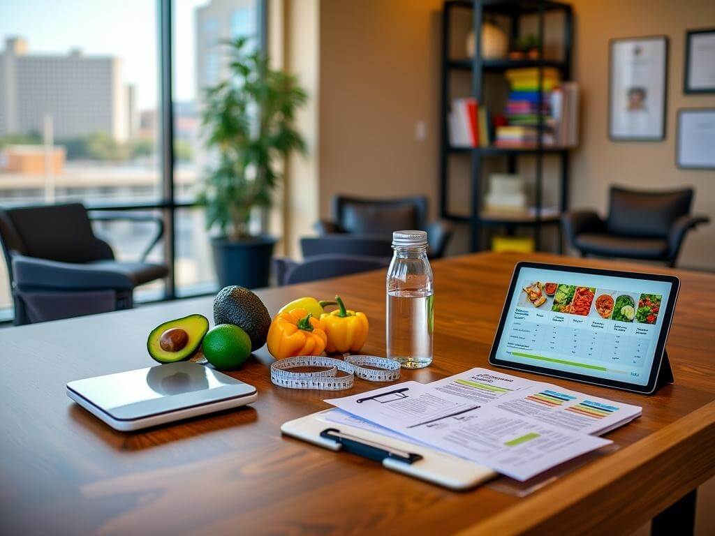 "Professional fitness and nutrition coaching setup with digital tablet, meal plans, and healthy Tex-Mex ingredients on a desk, in a well-lit consultation room."