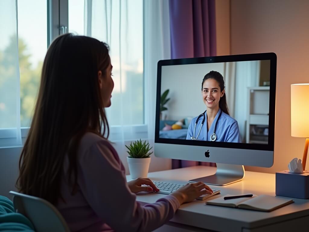 Teenage girl participating in a virtual medication consultation from her tastefully designed bedroom in Pasadena, CA, with a professional nurse visible on a computer screen.