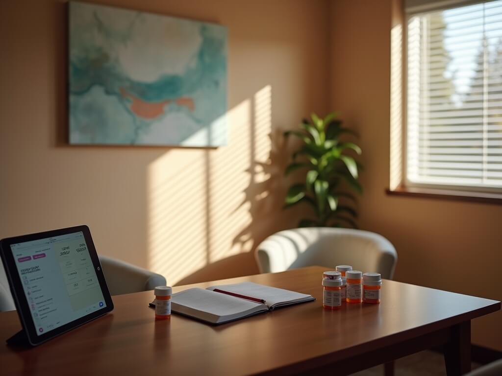 Interior of a modern Pasadena psychiatric clinic with a wooden desk, medication bottles, digital tablet, patient's journal, a plush armchair, natural sunlight through plantation shutters, and calming decor.