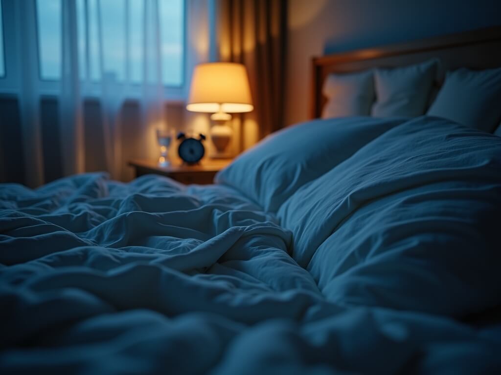"Intimate twilight shot of an unmade bed with creased sheets and indented pillow, warm ambient lamp light contrasted with cool blue-gray tones, nightstand with alarm clock and glass of water suggesting sleeplessness."