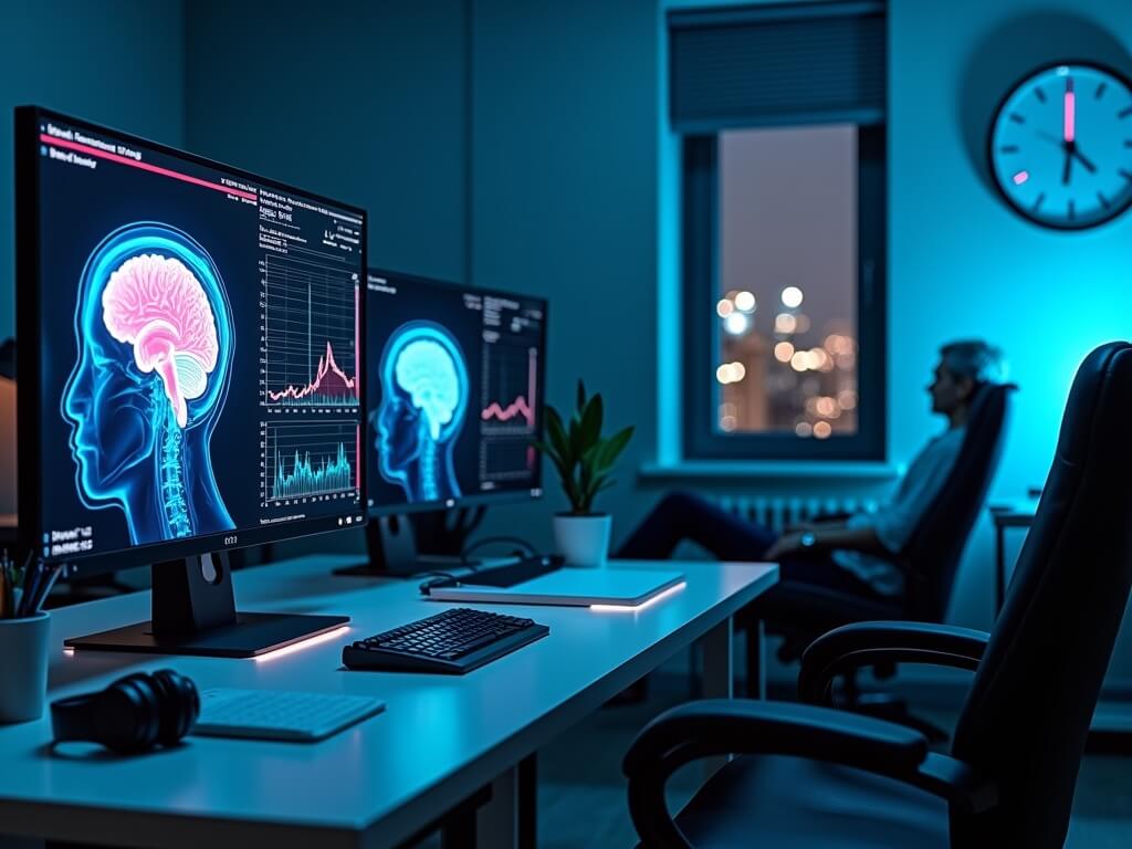 Neuroscience lab workstation with 3D brain scan on monitor, labeled neurology journals, EEG setup in dim background, captured under cool, clinical lighting.