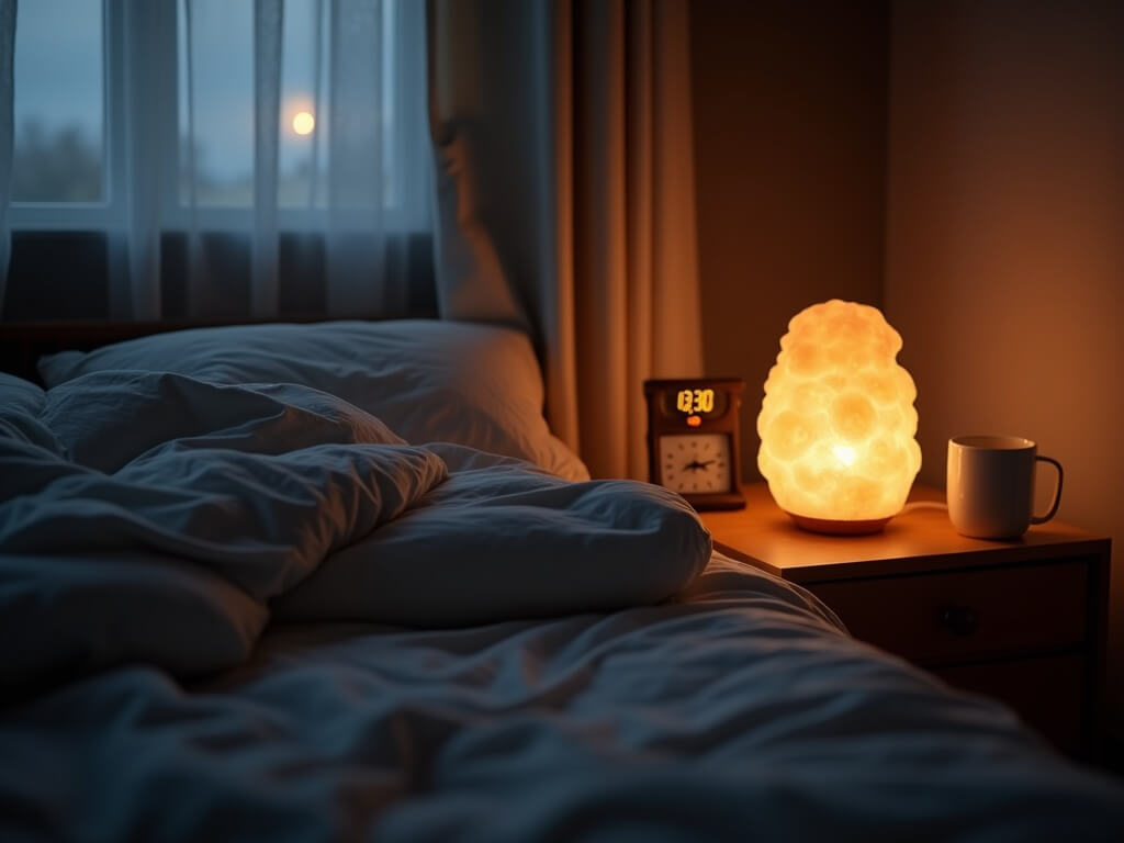 Cozy, dimly lit bedroom with a made bed, blackout curtains, a digital clock showing 10:30 p.m., a chamomile tea mug and a closed book on a nightstand, and a softly glowing noise machine.