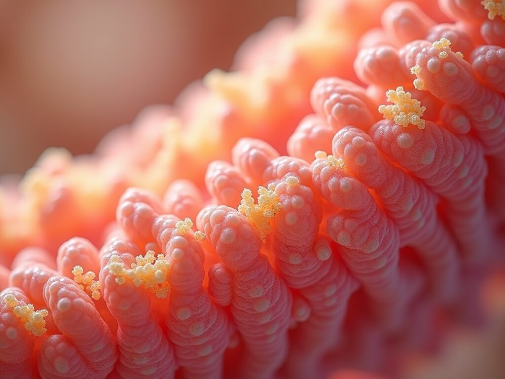 "Microscopic view of healthy human intestinal villi with beneficial bacteria colonies and prebiotic fibers, illuminated by a medical ring light."